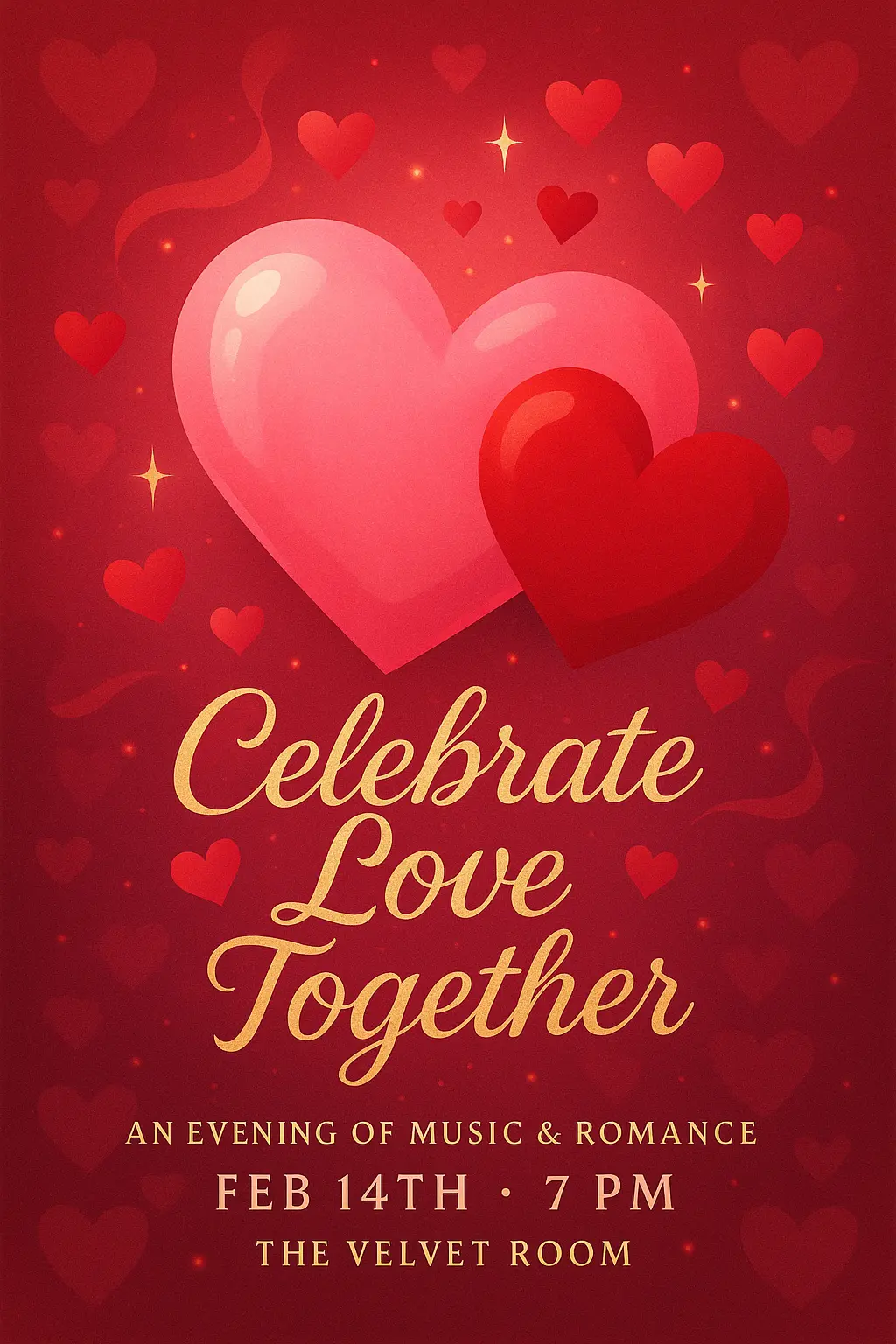 Romantic Valentine's Day Poster template with layered hearts and sparkles