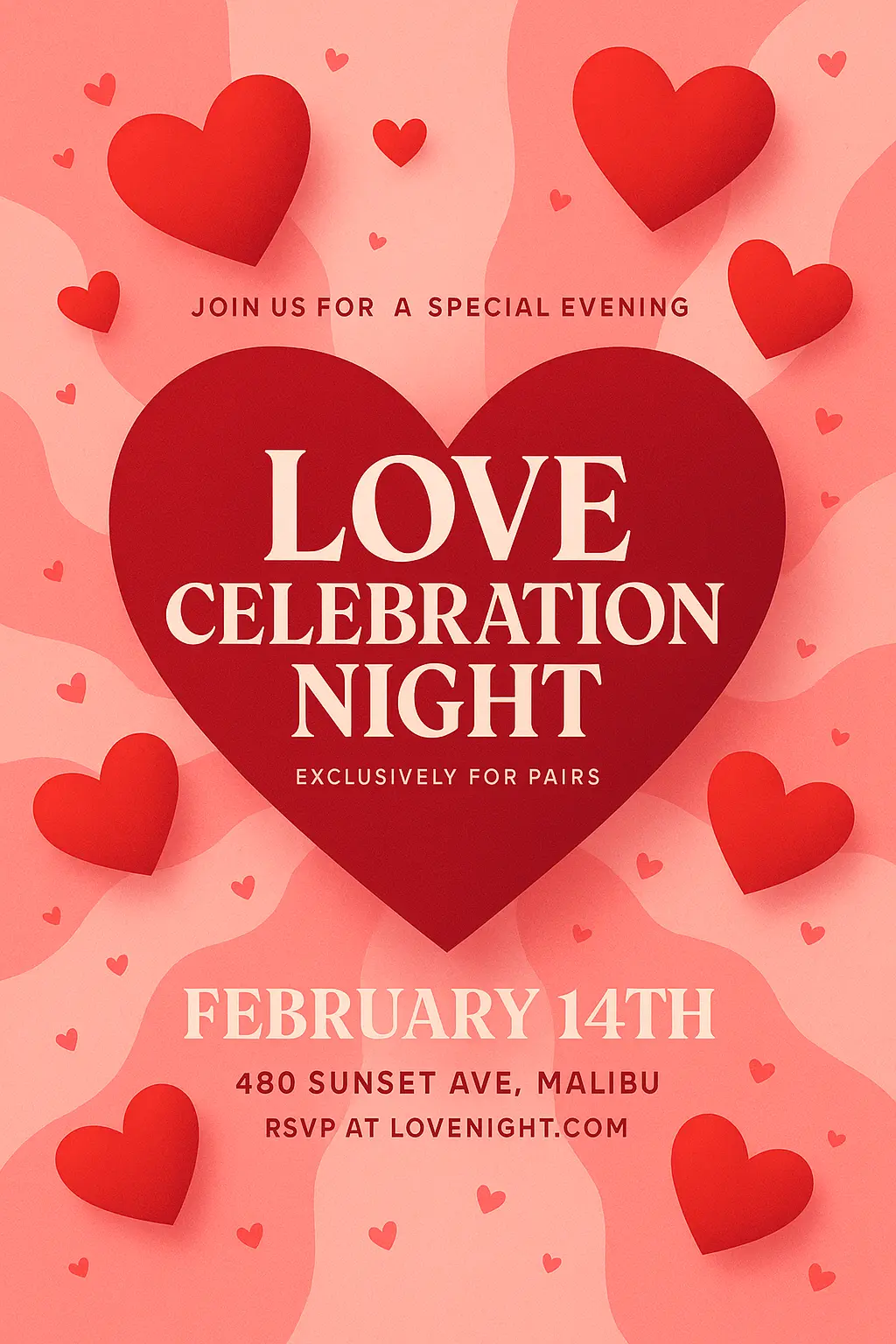 Romantic Valentine's Day Poster template with red hearts and pink waves