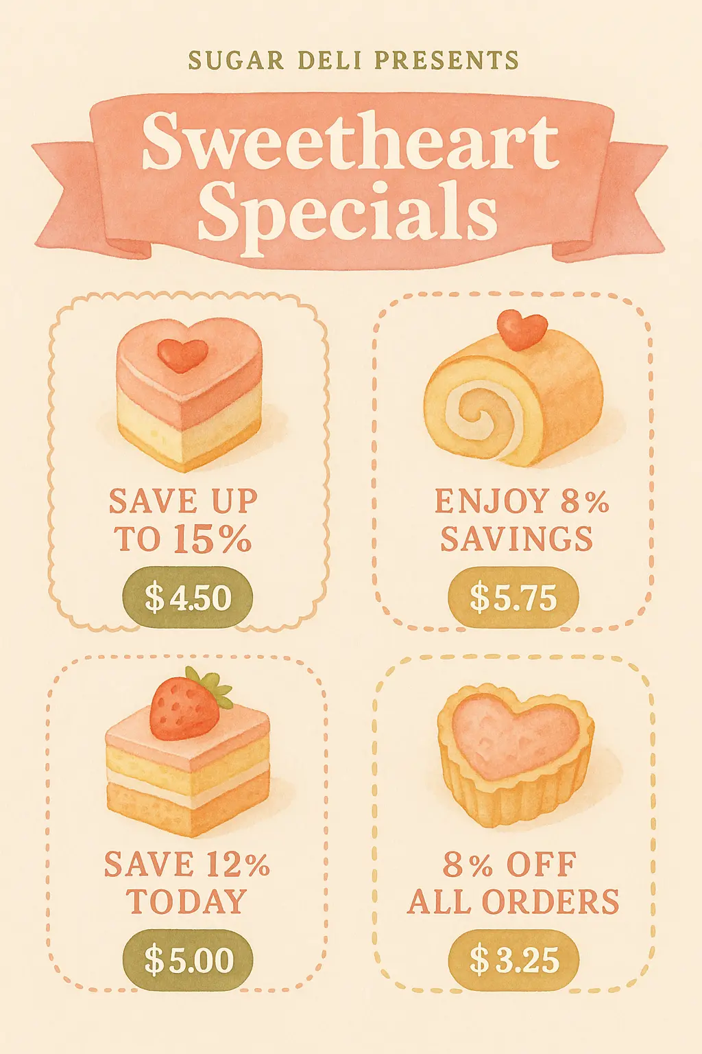 Cute Valentine's Day Poster template with watercolor dessert cakes