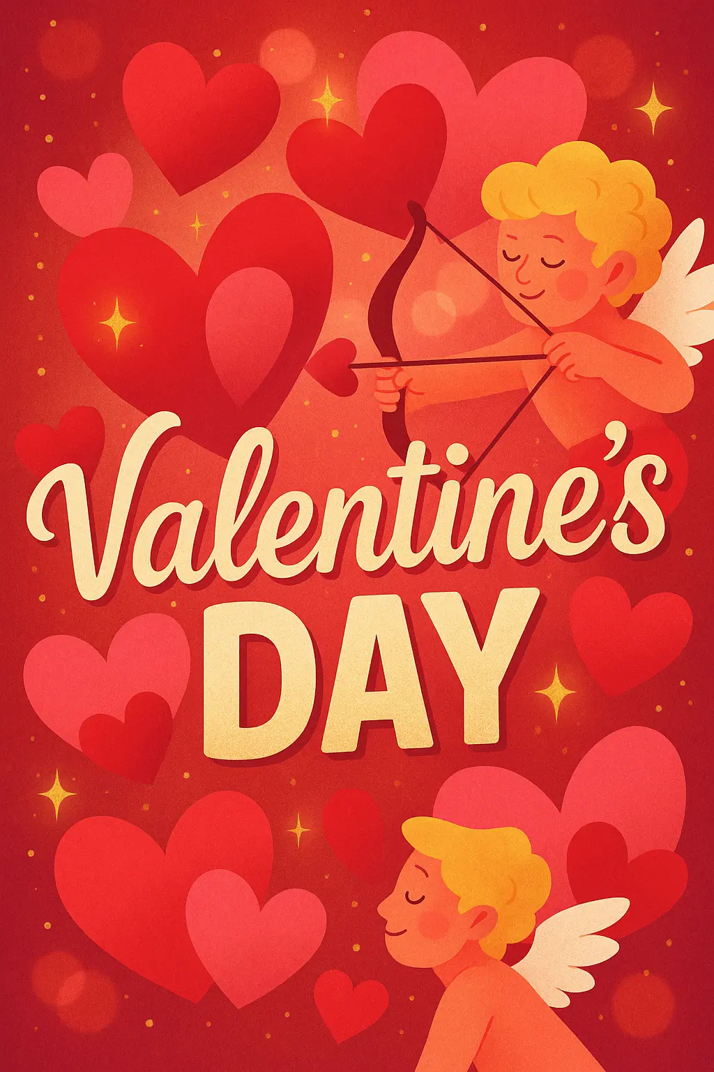 Valentine's Day Poster template featuring hearts, Cupid, and bokeh lights