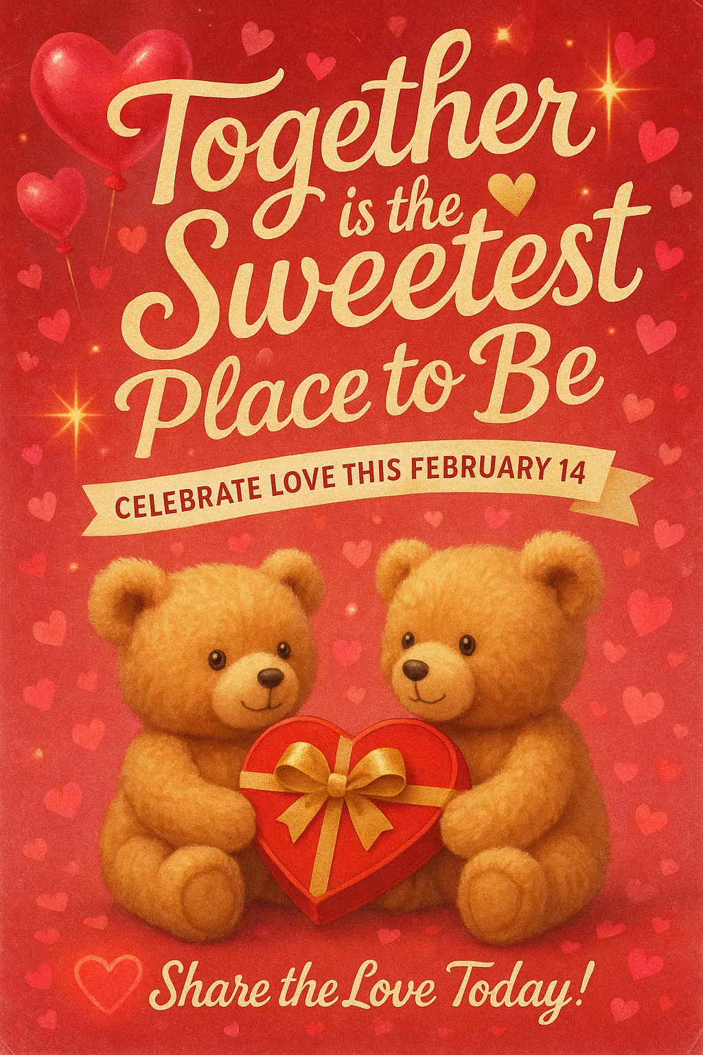 Cute Valentine's Day Poster template with teddy bears and hearts