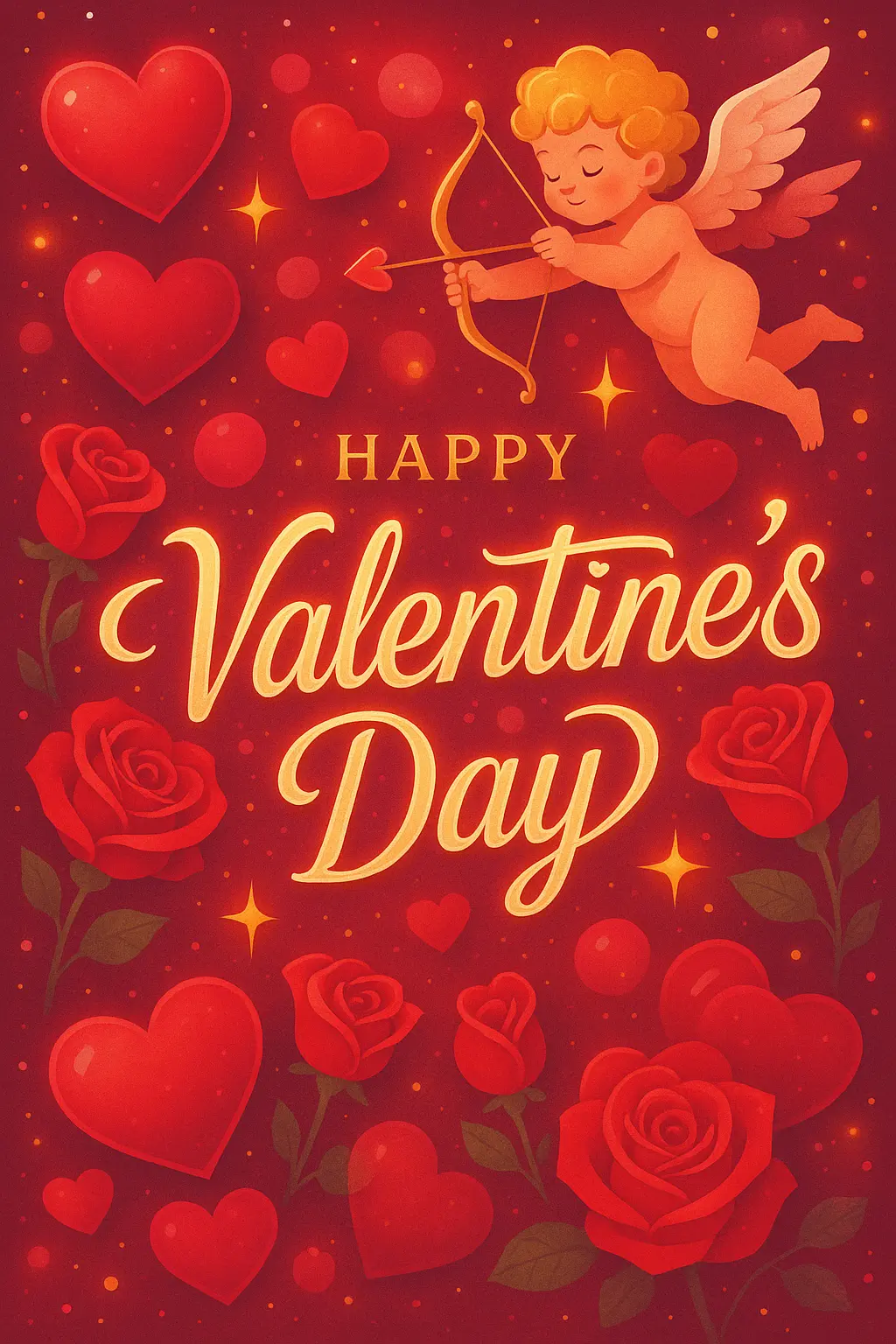 Valentine's Day Poster template featuring hearts, roses, and Cupid with glowing accents