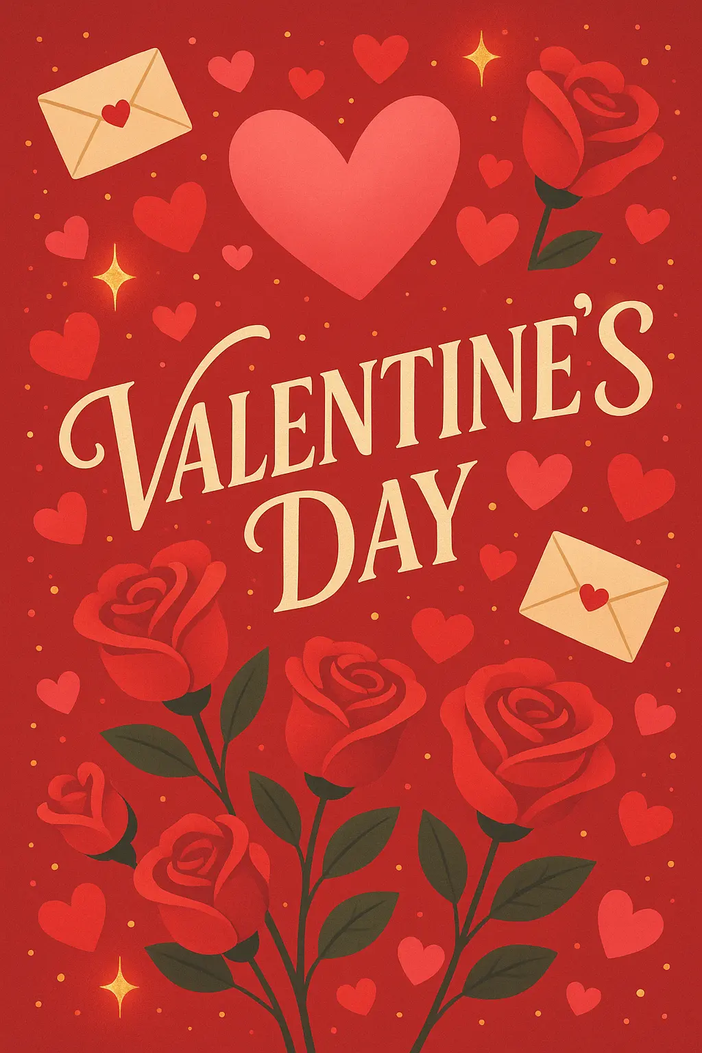 Valentine's Day Poster template with hearts, roses, and gold accents