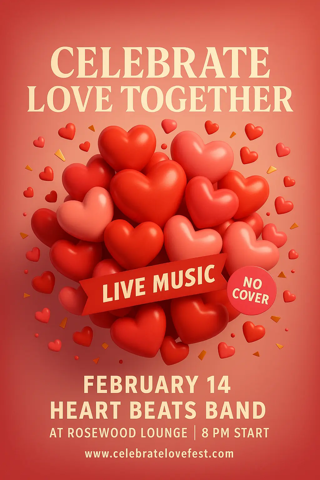 Playful 3D Valentine's Day Poster template with heart balloons and bold text
