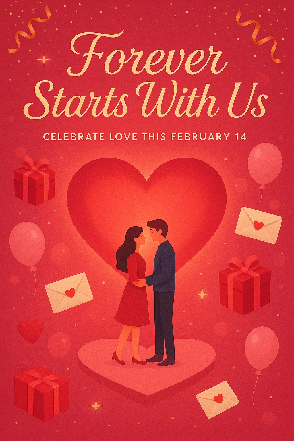 Romantic Valentine's Day Poster template with hearts and couple