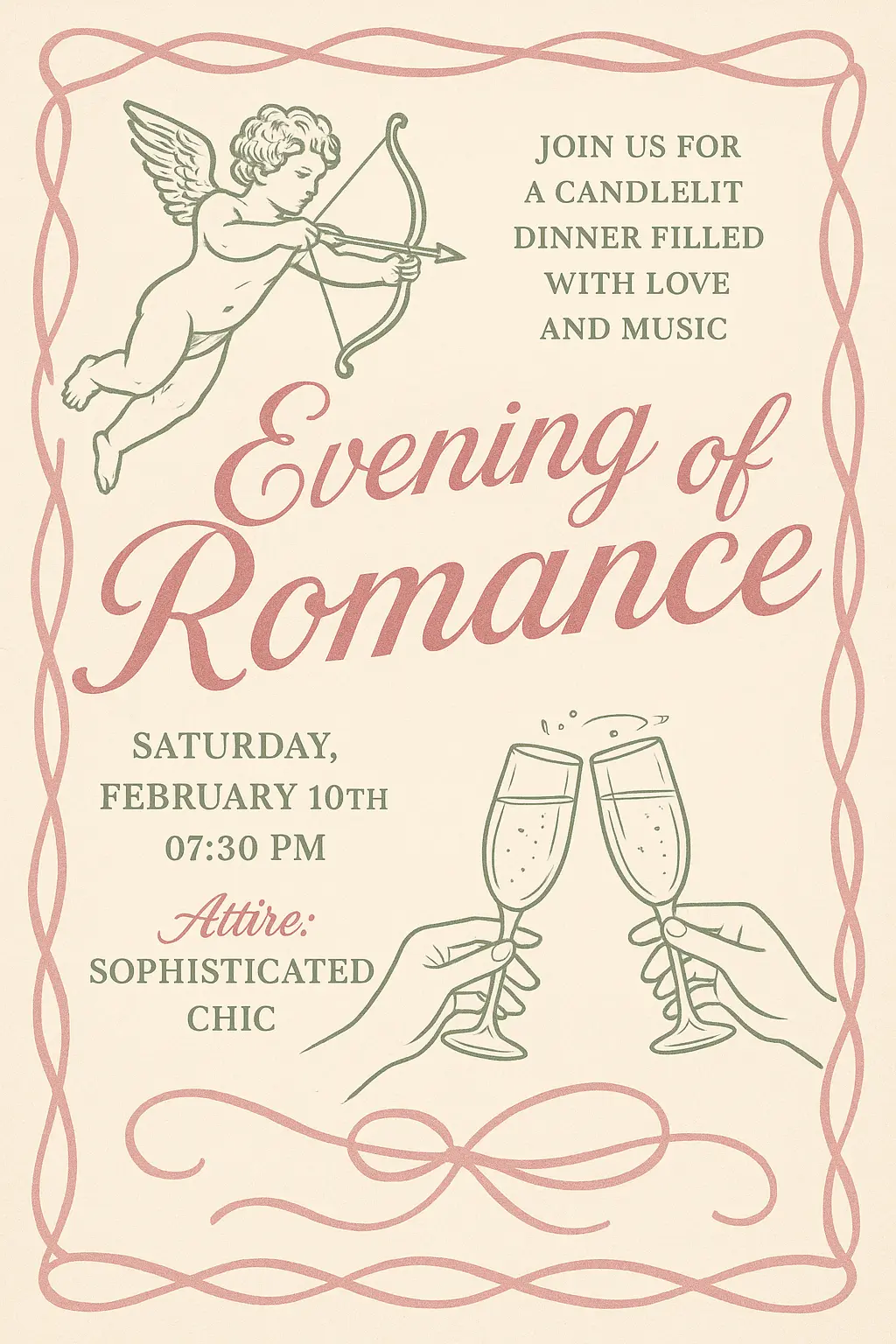 Vintage Valentine's Day Poster template with Cupid and champagne glasses