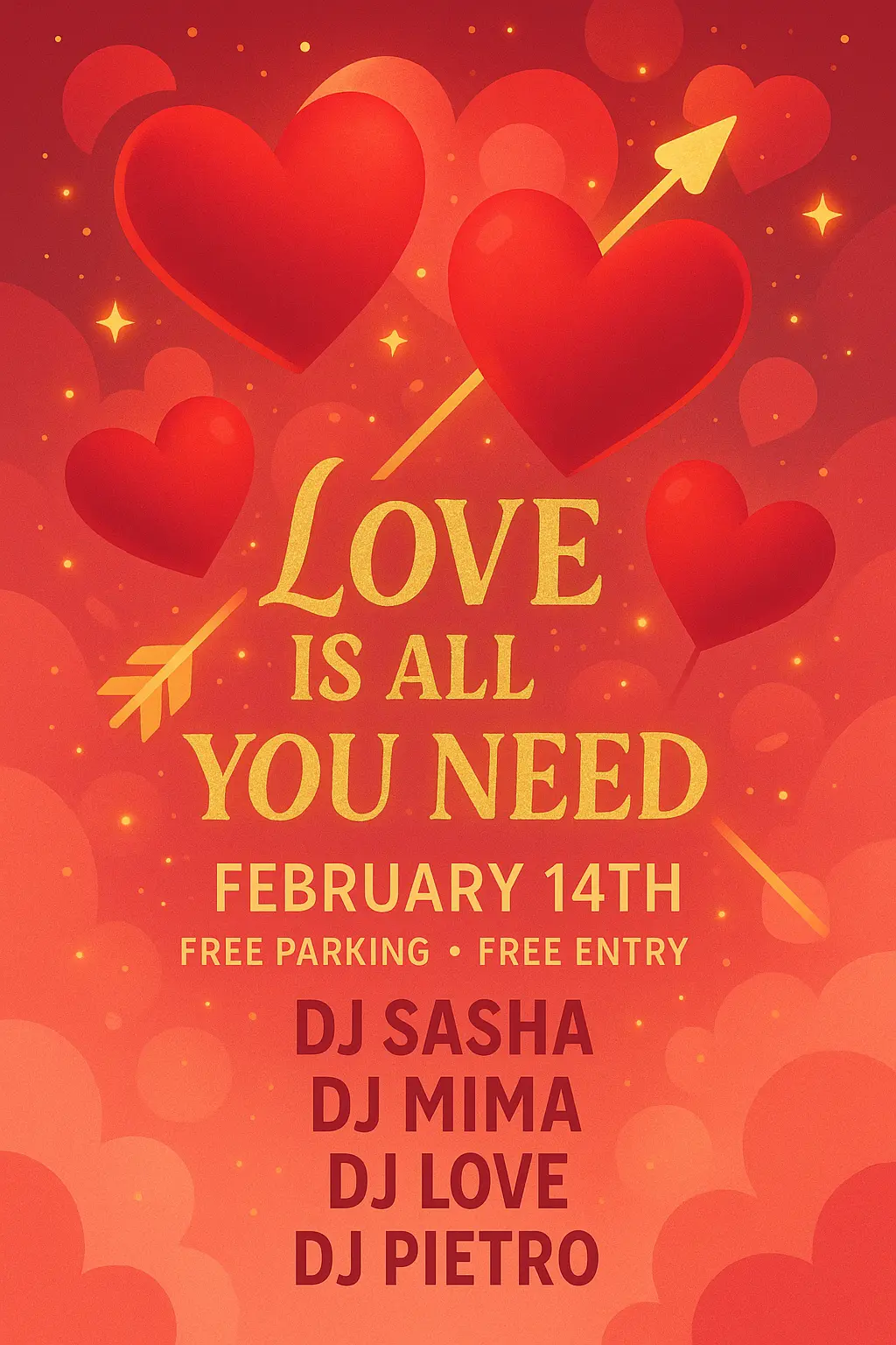 Valentine's Day Poster template featuring heart balloons, golden sparkles, and romantic typography.