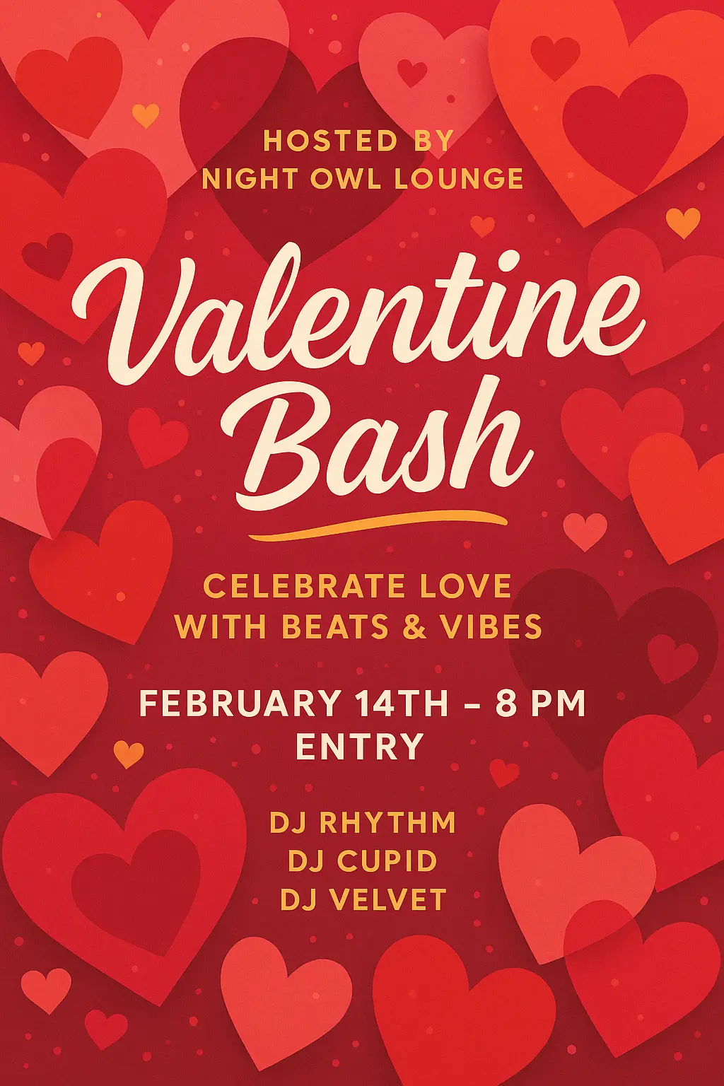 Playful Valentine's Day Poster template with layered hearts and bold text