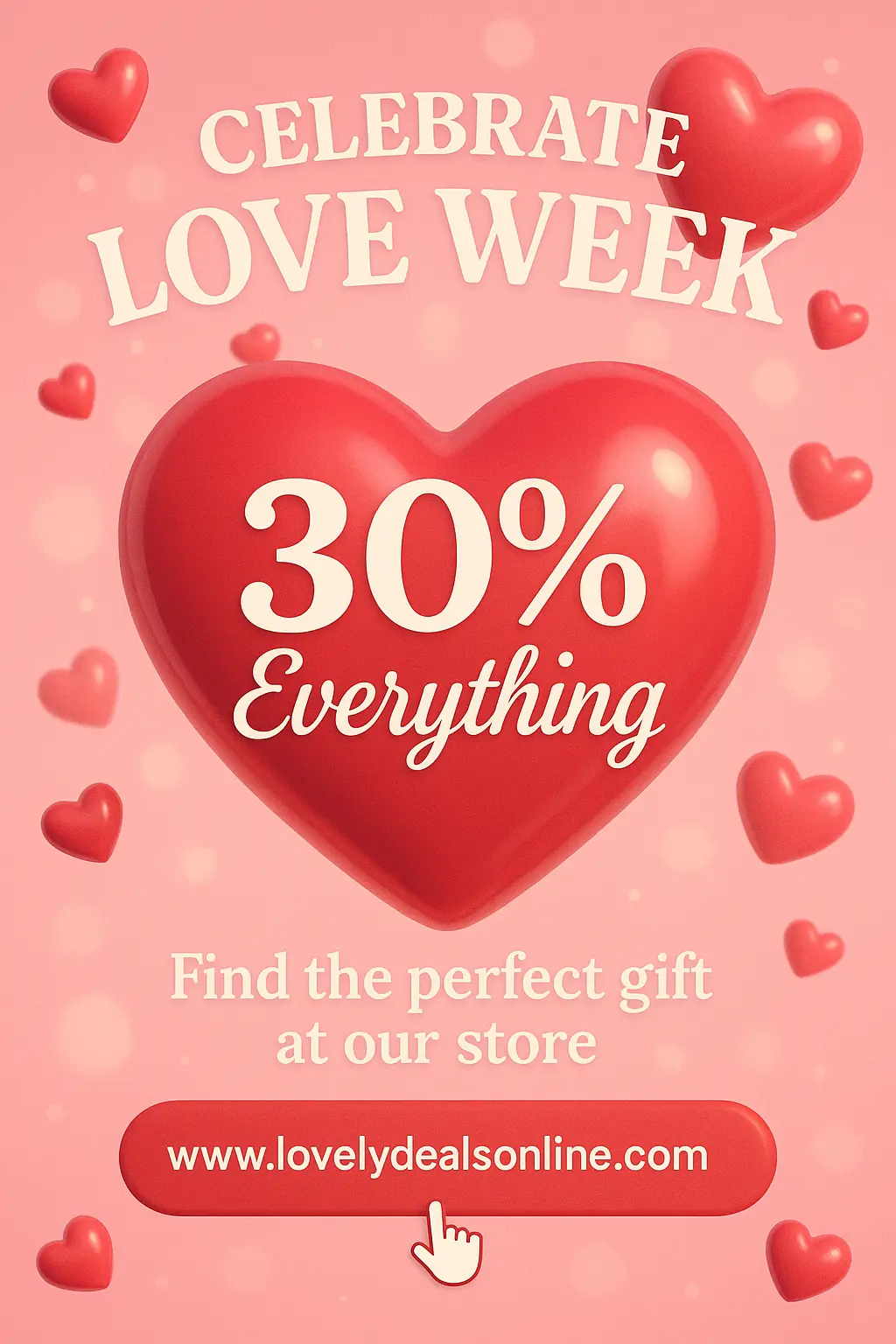3D Valentine's Day Poster template with pink hearts and discount
