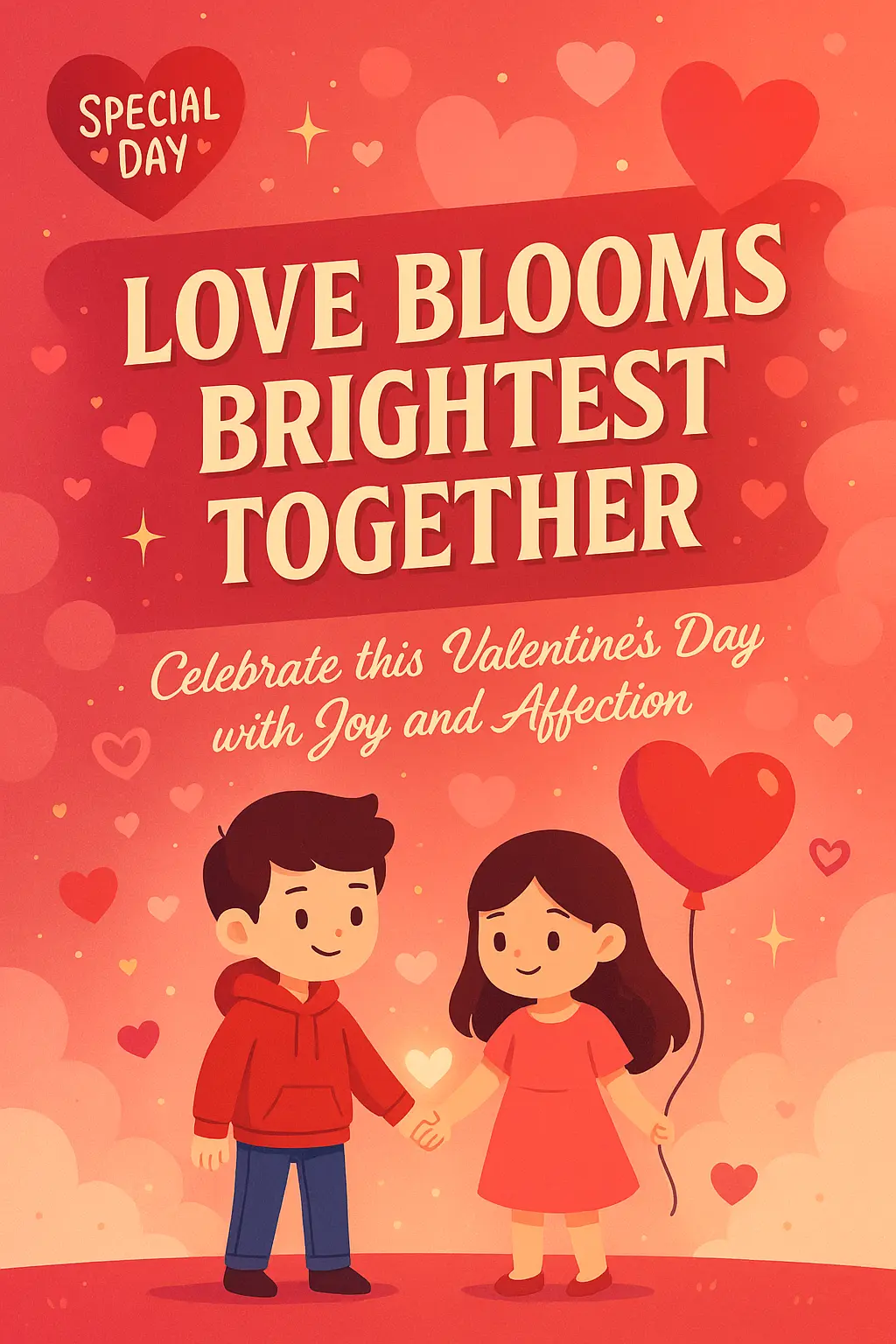 Cute Valentine's Day Poster template with hearts and cartoon couple