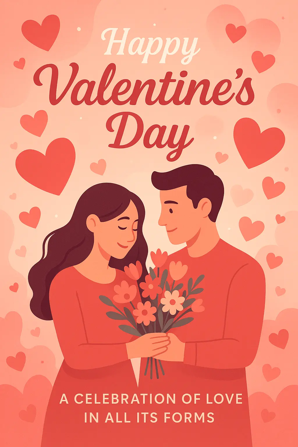 Valentine's Day Poster template with couple holding flowers and hearts