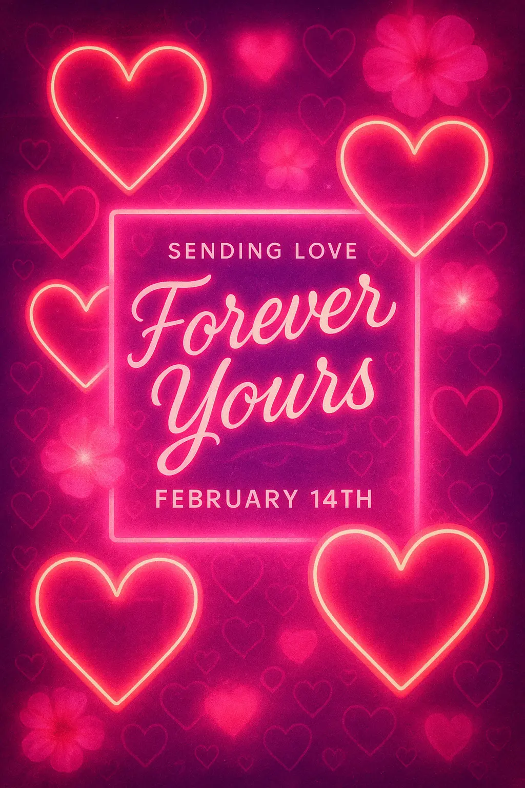 Romantic glowing Valentine's Day Poster template with neon hearts