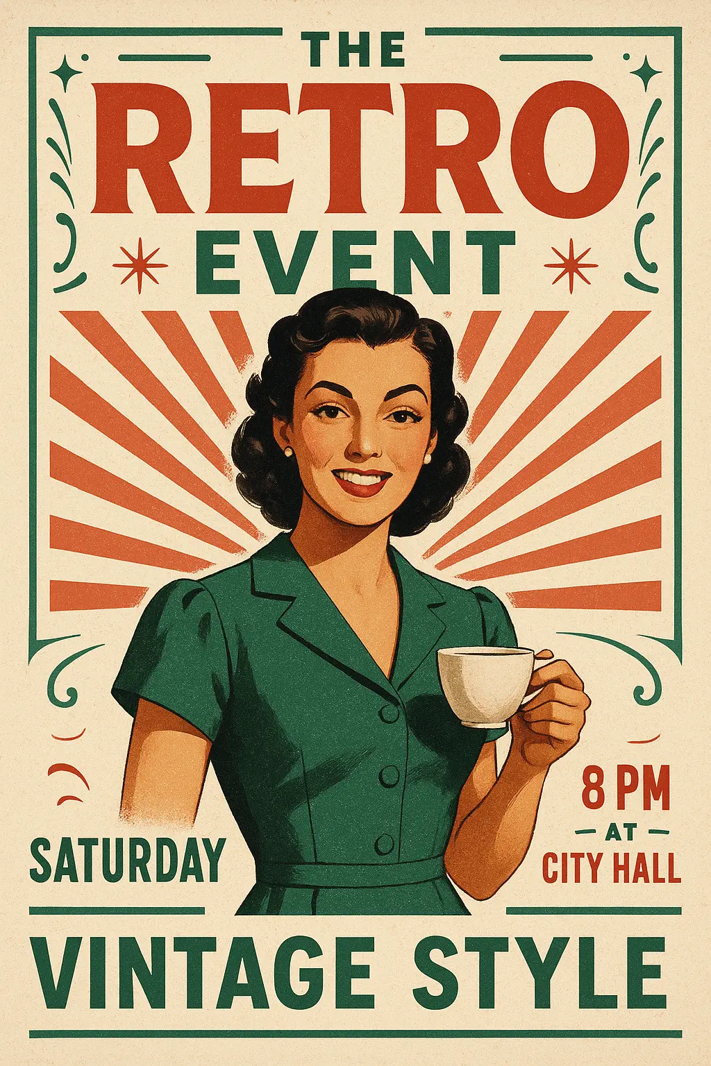 Vintage Poster template featuring retro woman with cup, bold typography