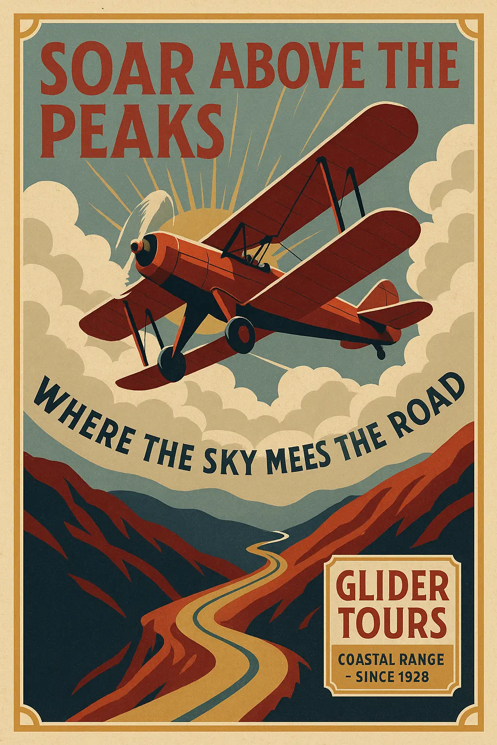 Art Deco Vintage Poster template of biplane over mountains