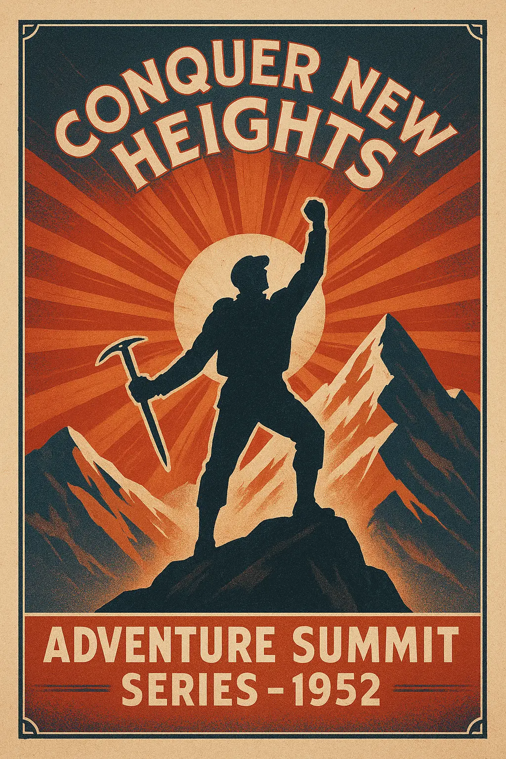 Bold Vintage Poster template of mountain climber at sunrise