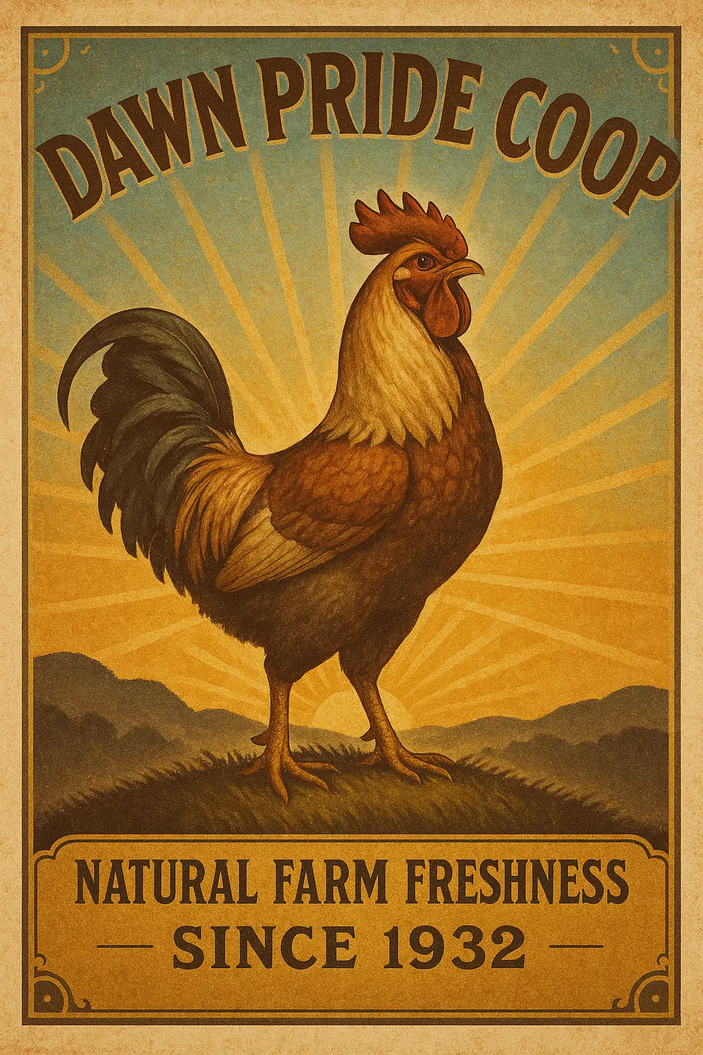 Vintage Poster template with rooster and sunrise in earth tones