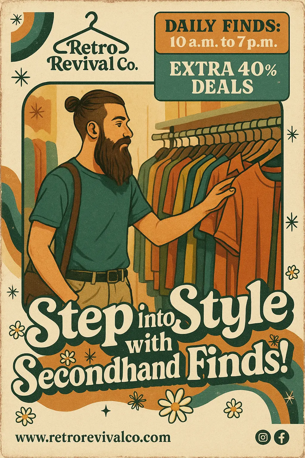 Bearded man shopping in retro store on Vintage Poster template