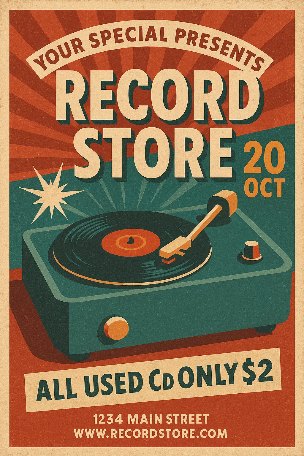 Vintage Poster template with vinyl player and retro typography
