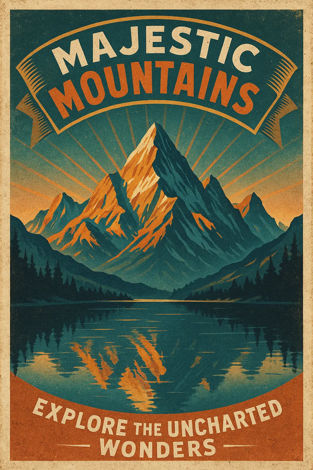 Vintage Poster template featuring mountains, lake, and retro typography