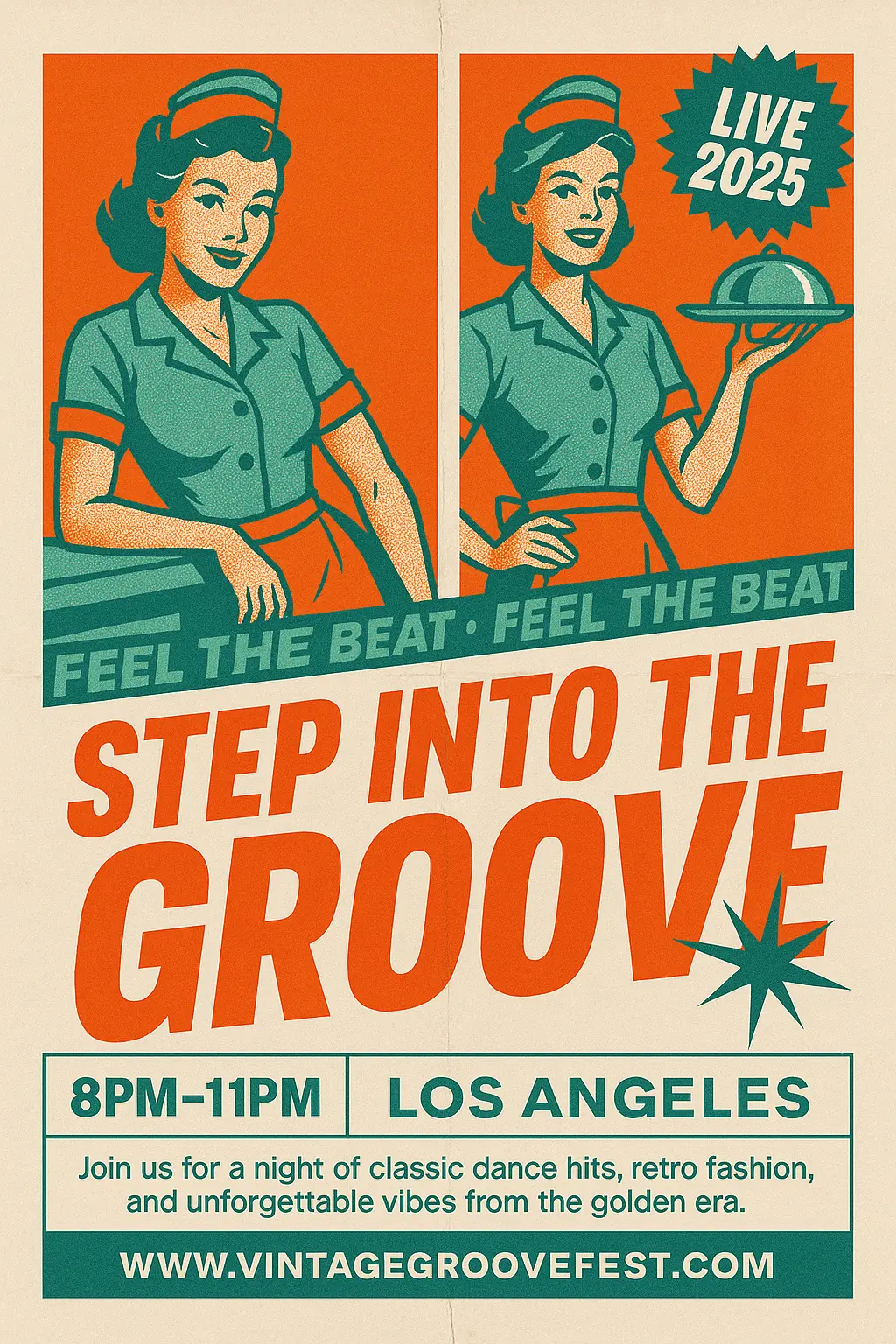 Retro woman in diner outfit on Vintage Poster template