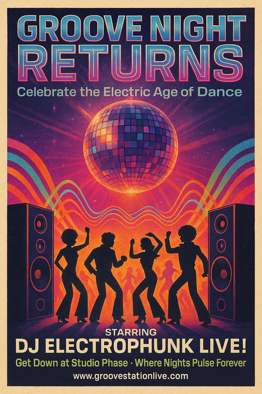Colorful Vintage Poster template of disco dance party with neon lights