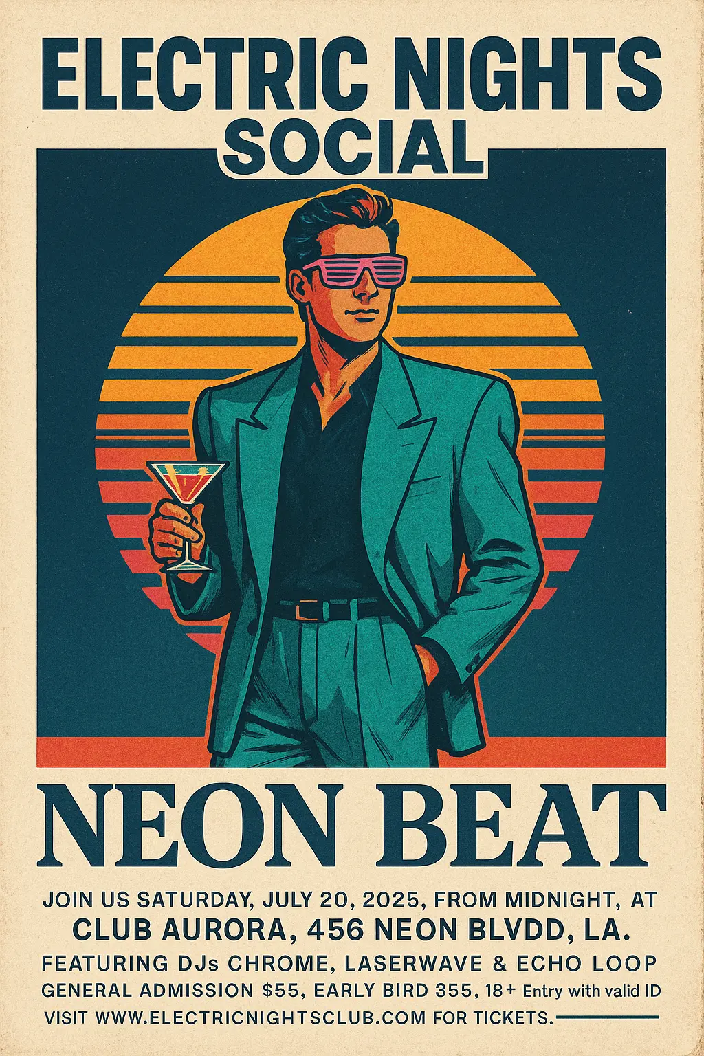Vintage Poster template with retro man, neon colors, sunset lines