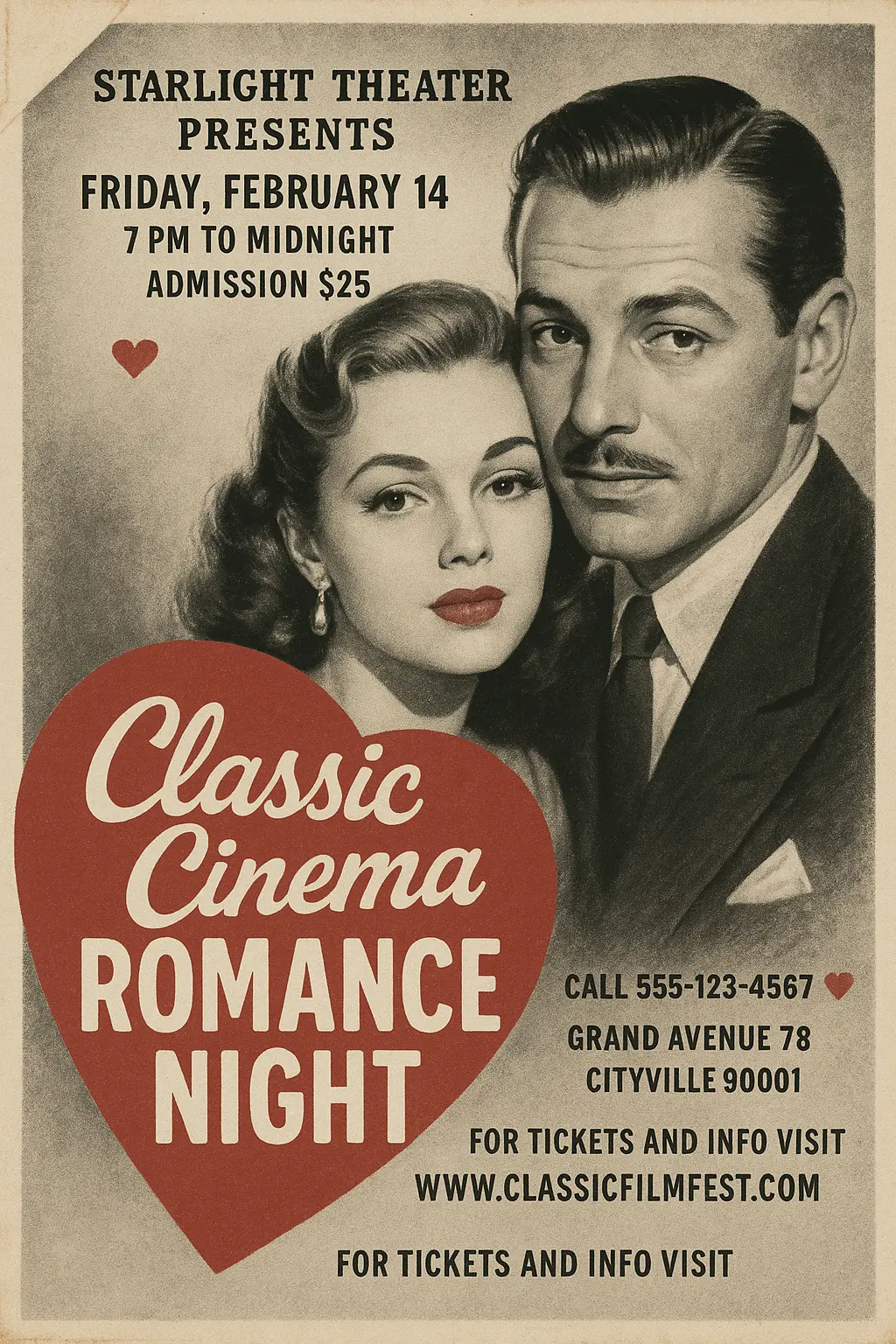 Vintage Poster template of romantic film night with heart motif
