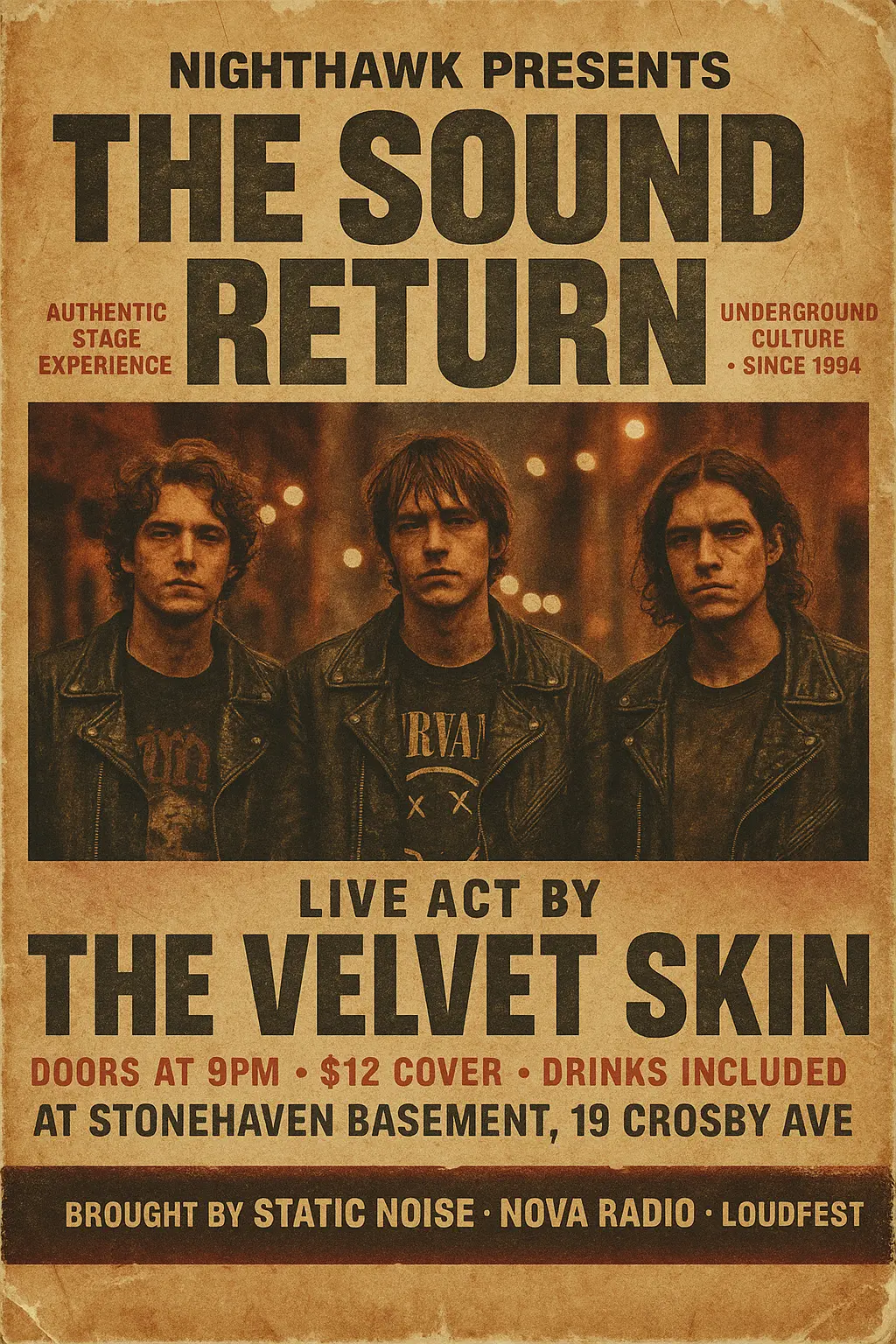 Vintage Poster template with grunge rock band and distressed layout