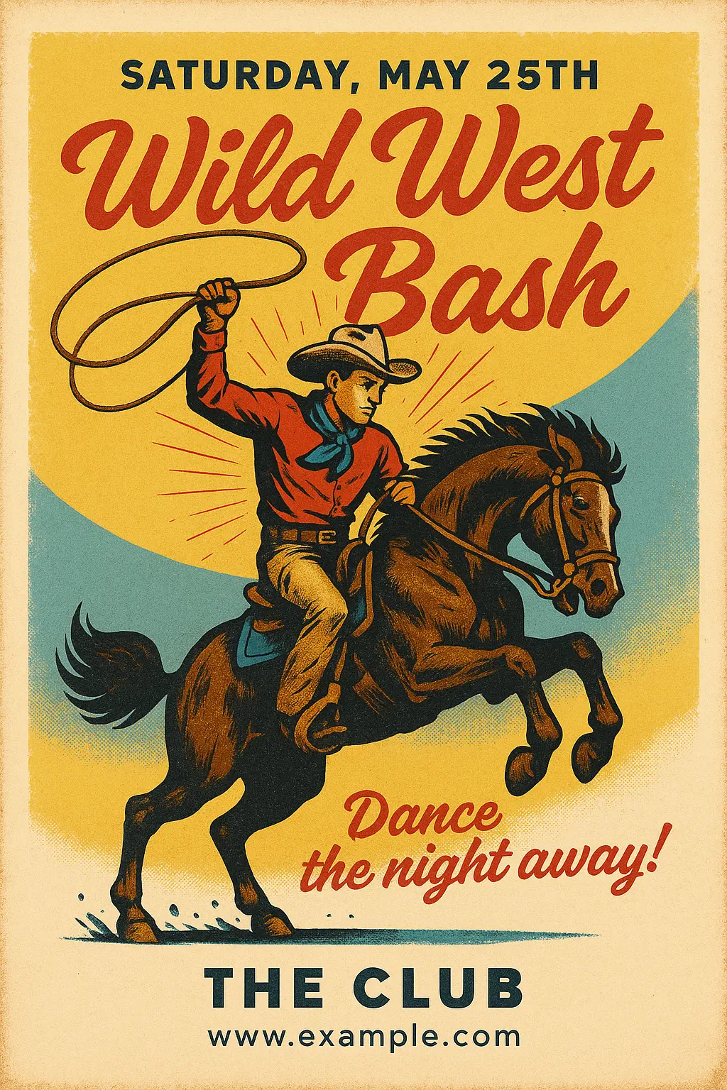 Vintage Poster template featuring a cowboy on a horse with a lasso