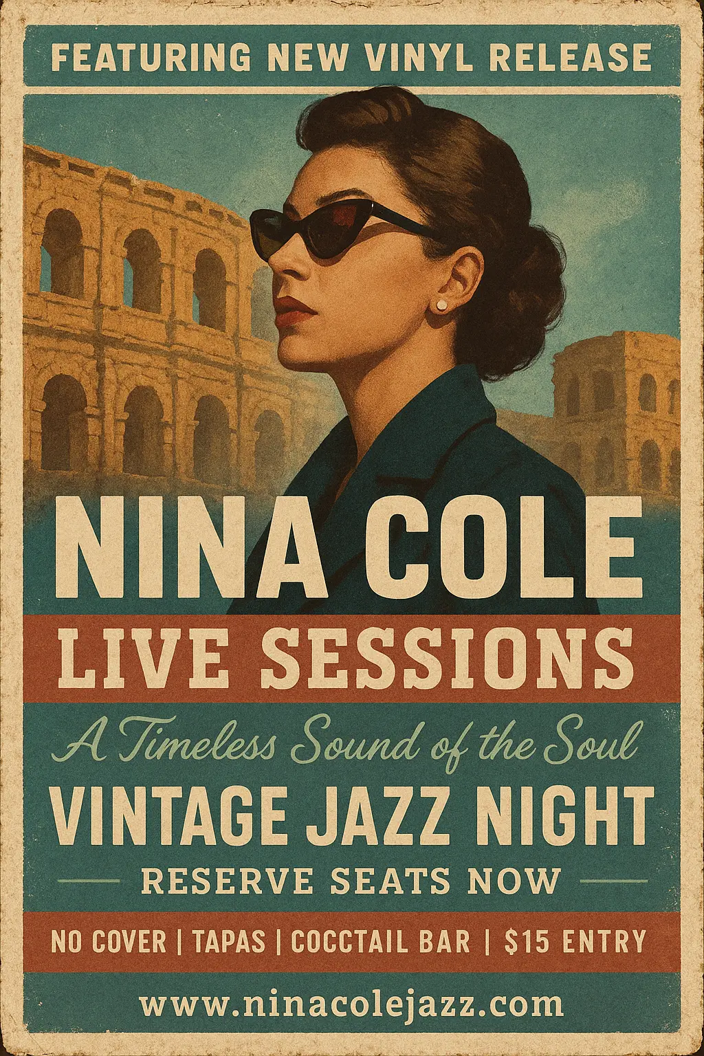 Vintage Poster template featuring female jazz singer in retro style