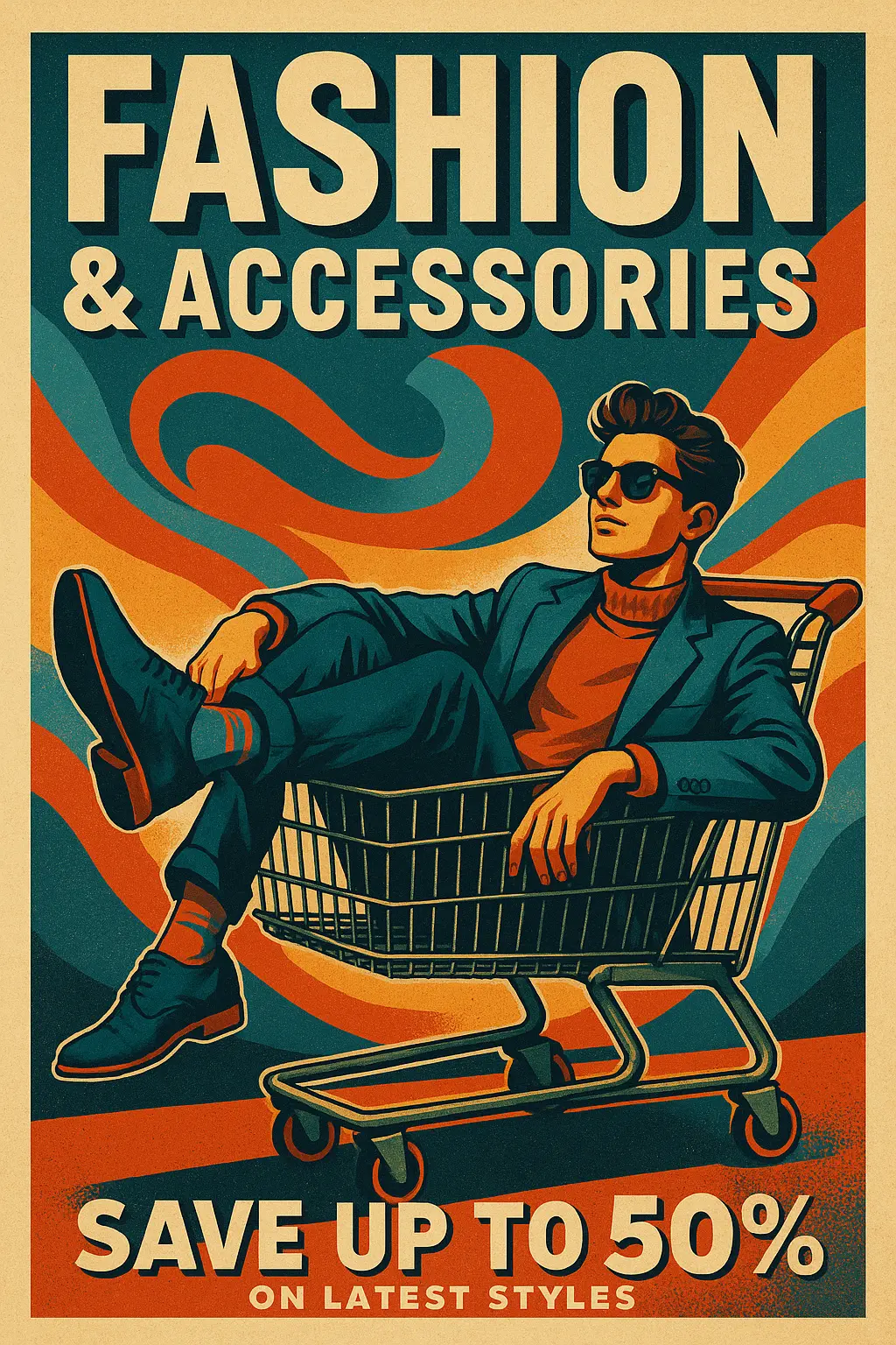 Vintage Poster template featuring a fashionable man in a shopping cart