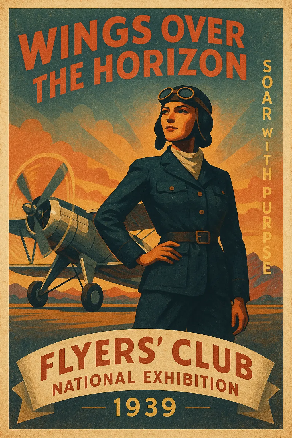 Vintage Poster template of retro pilot with biplane at sunset