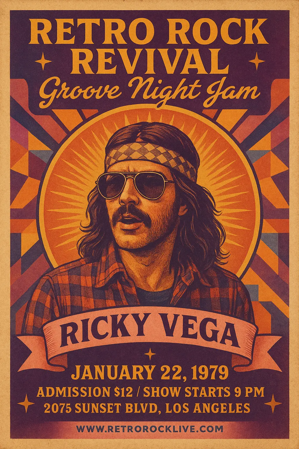 Retro rock Vintage Poster template with bold colors and sunburst