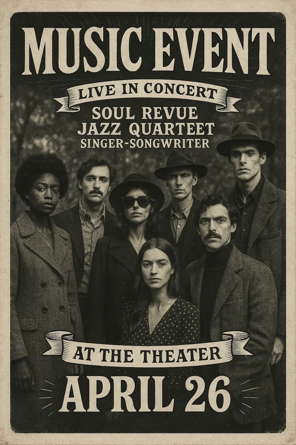 Vintage Poster template for a retro music event with band members