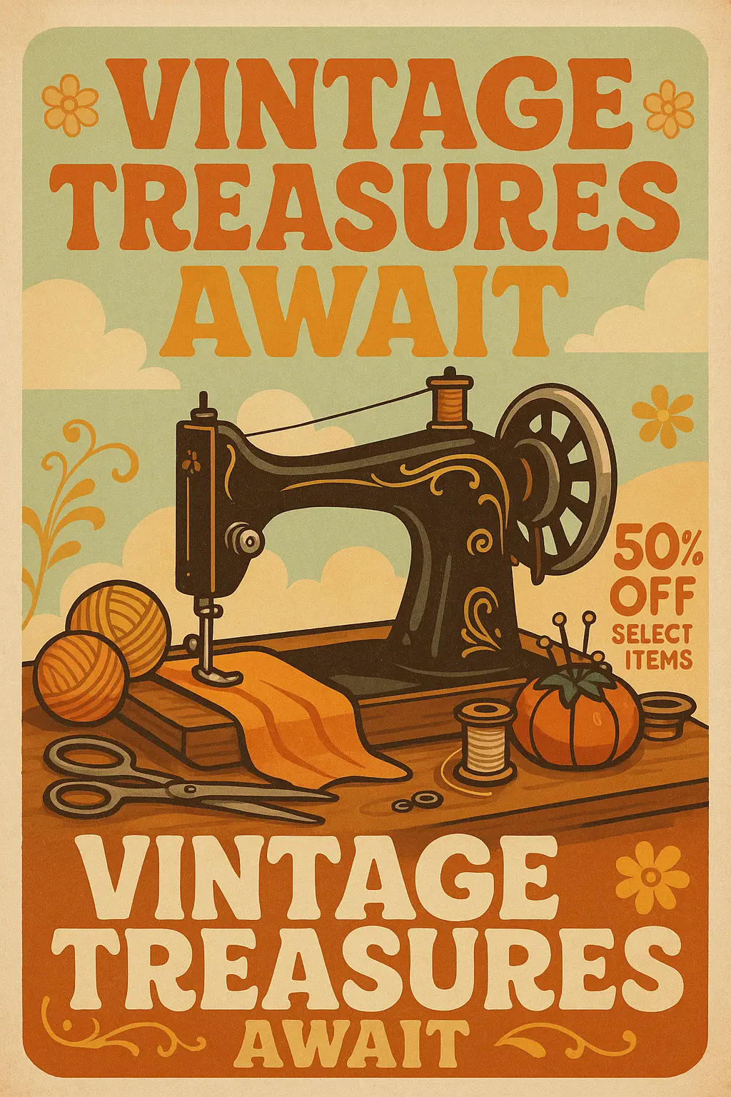 Vintage Poster template with a sewing machine and yarn