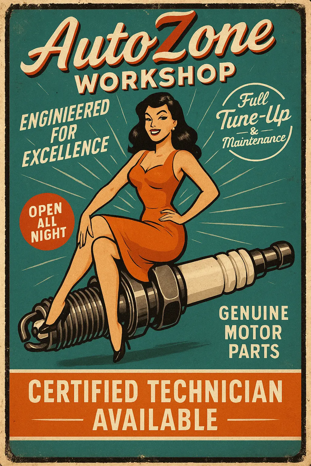 Vintage Poster template with pin-up mechanic on spark plug