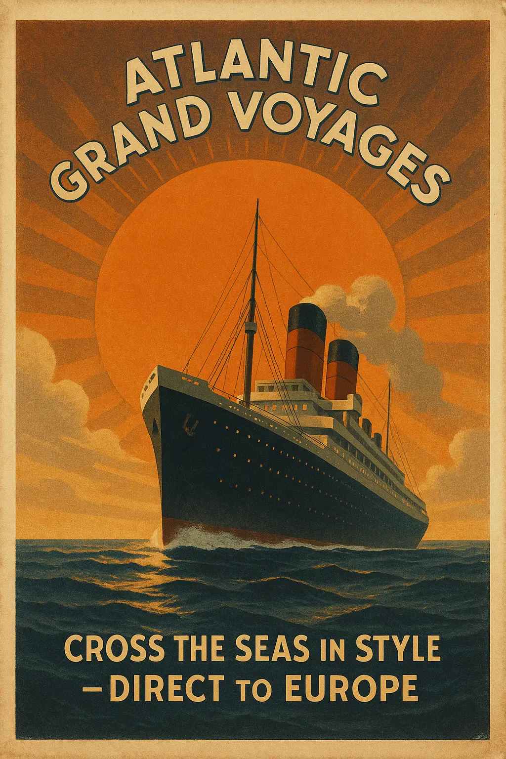 Vintage Poster template of Art Deco cruise ship at sunset