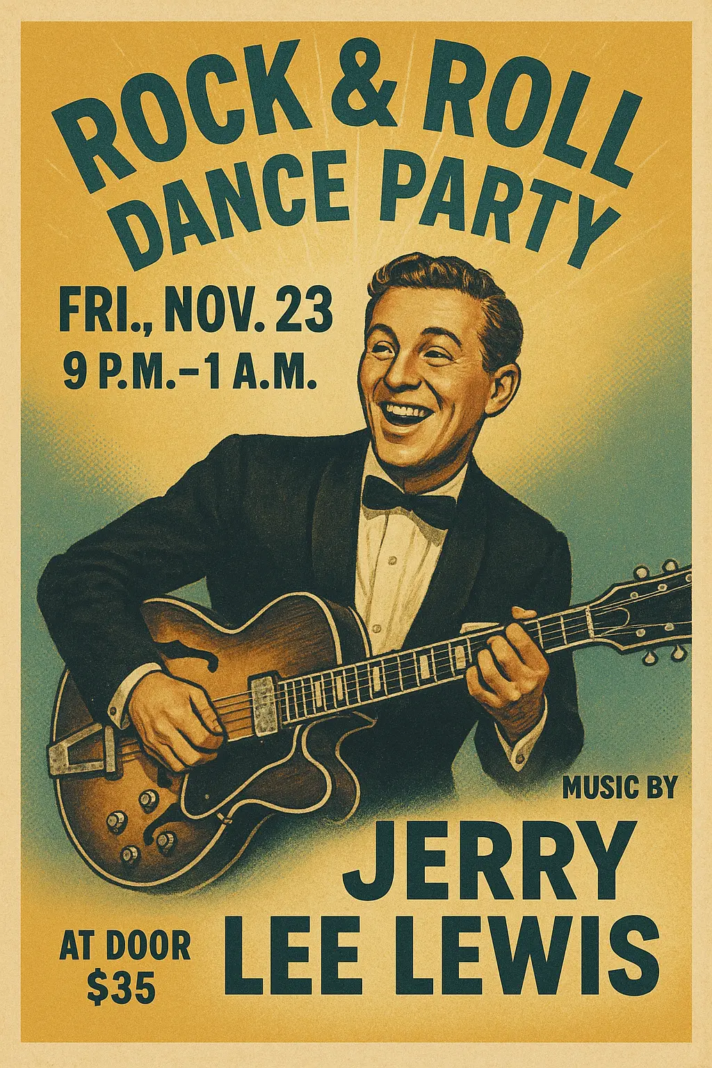 Vintage Poster template featuring a joyful man playing electric guitar in retro style