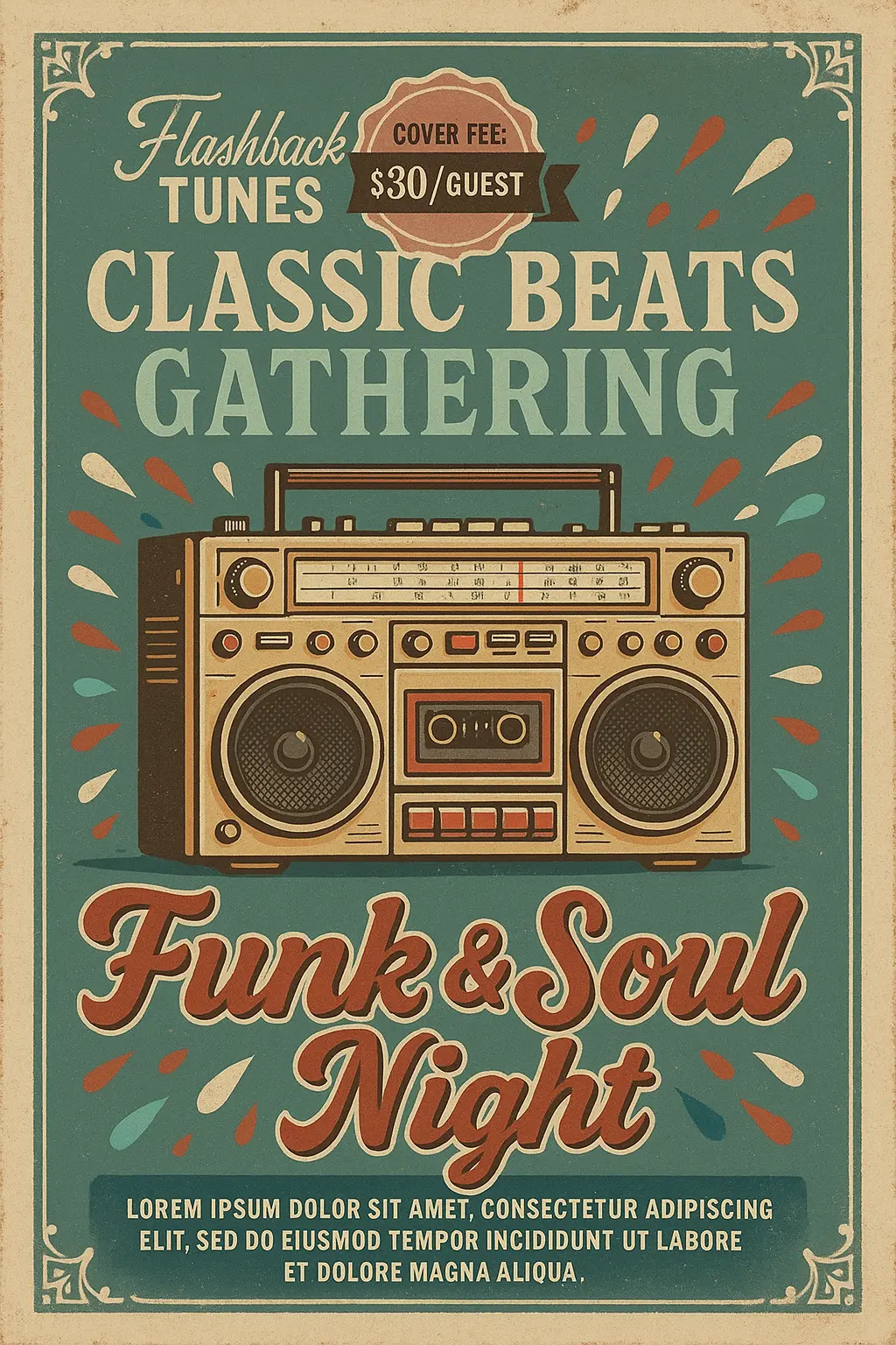 Retro music event Vintage Poster template with boombox and bold text