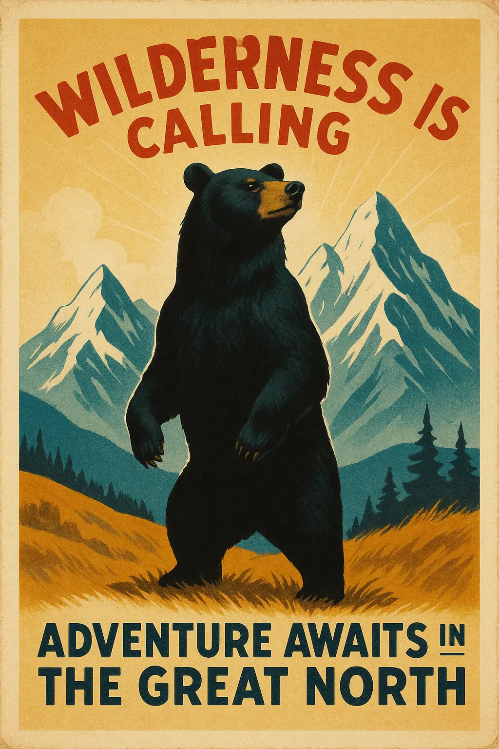 Vintage Poster template with bear in mountain landscape