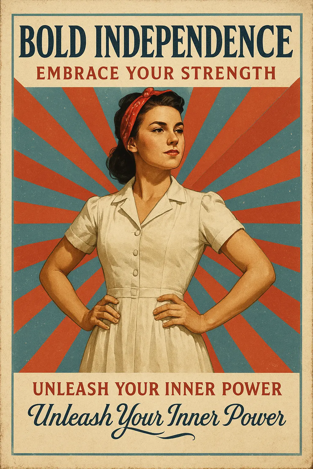 Vintage Poster template featuring a confident woman with red and blue sunburst background