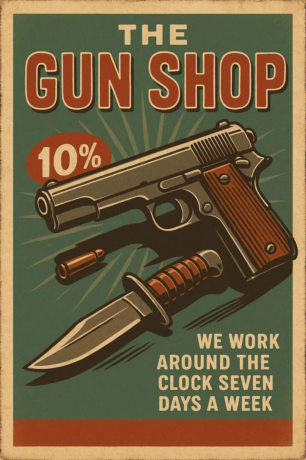 Vintage Poster template featuring a handgun, knife, and bold typography