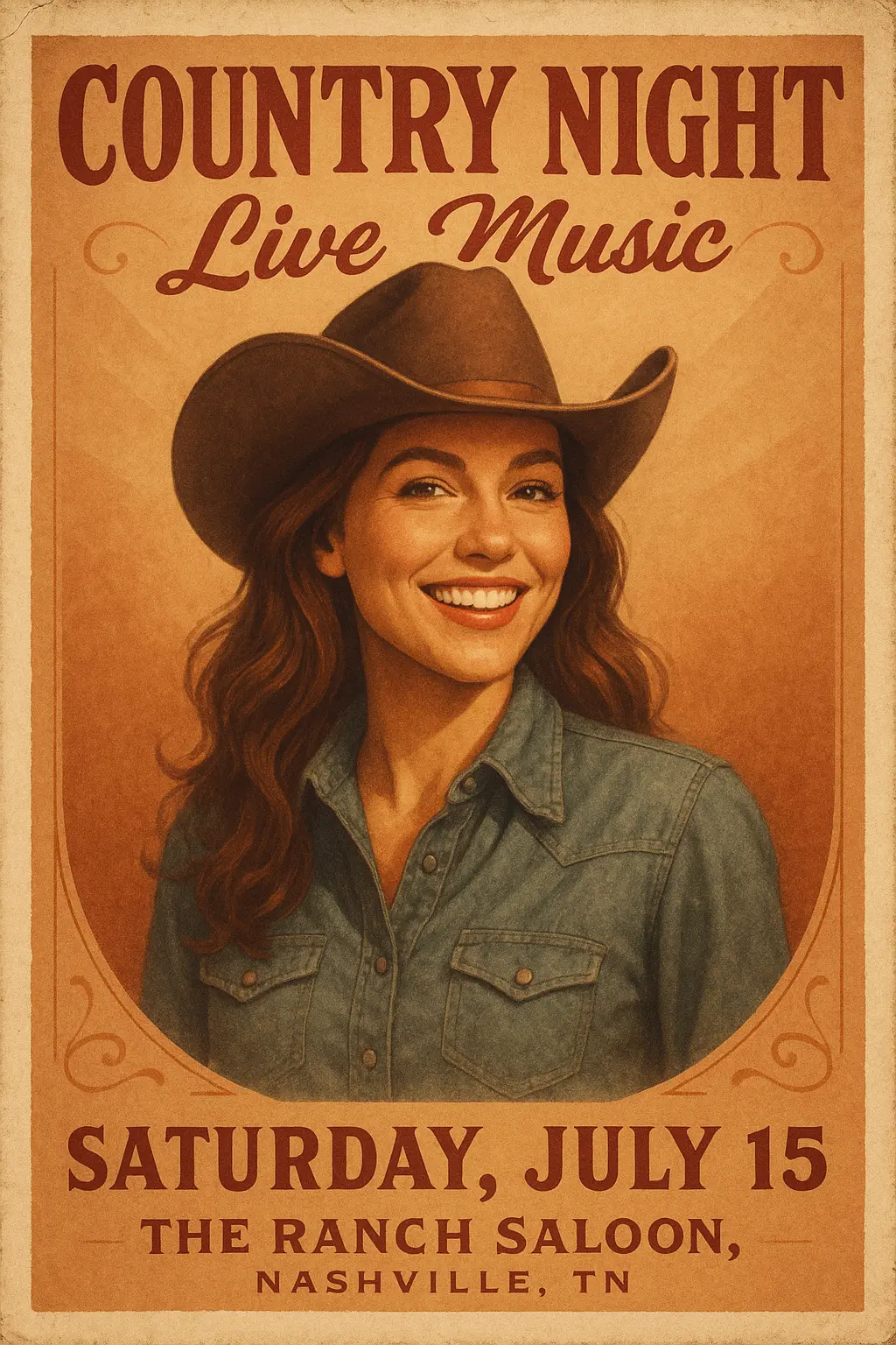 Vintage Poster template featuring a woman in cowboy hat for Country Night event