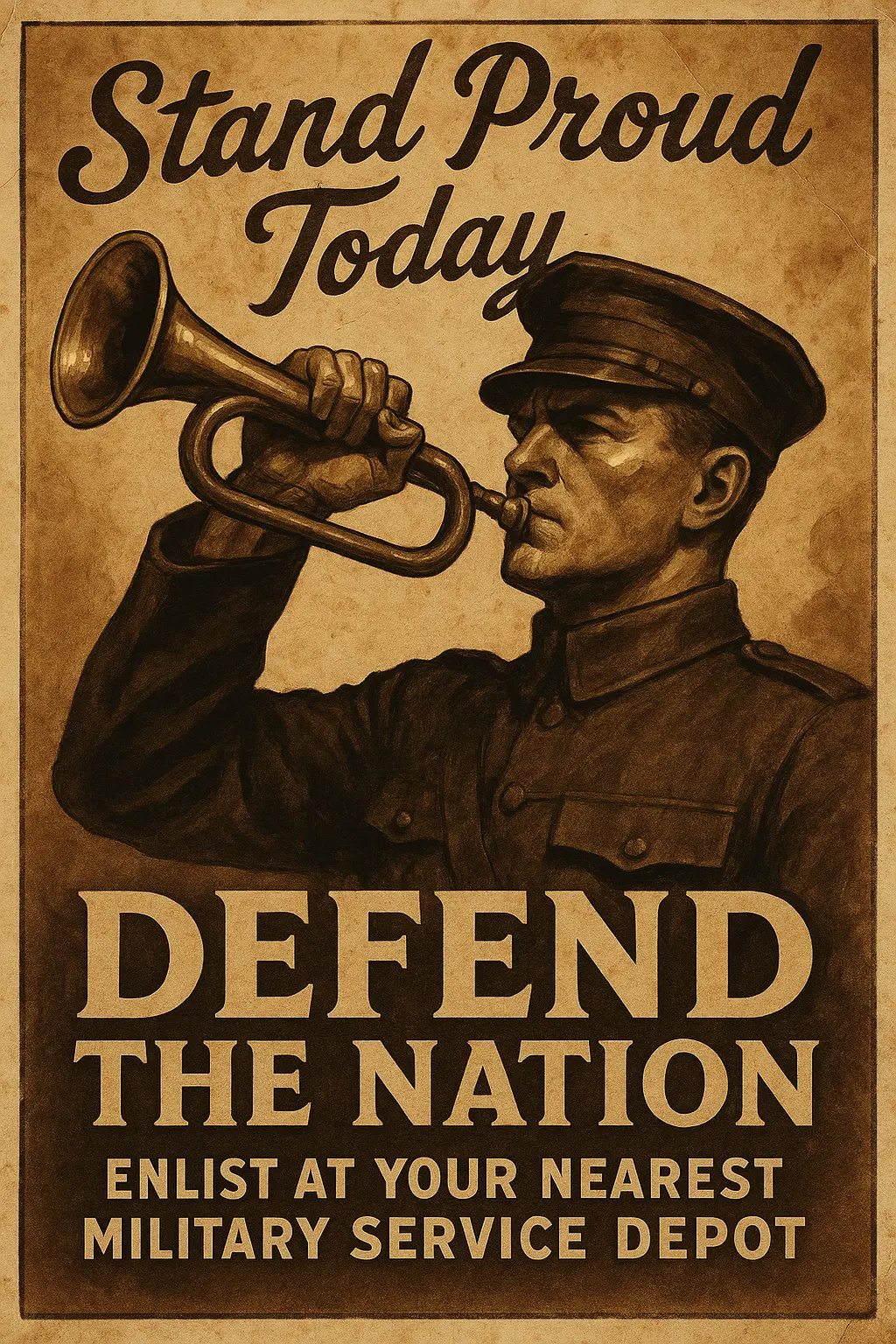 Vintage Poster template with soldier blowing bugle in sepia tones