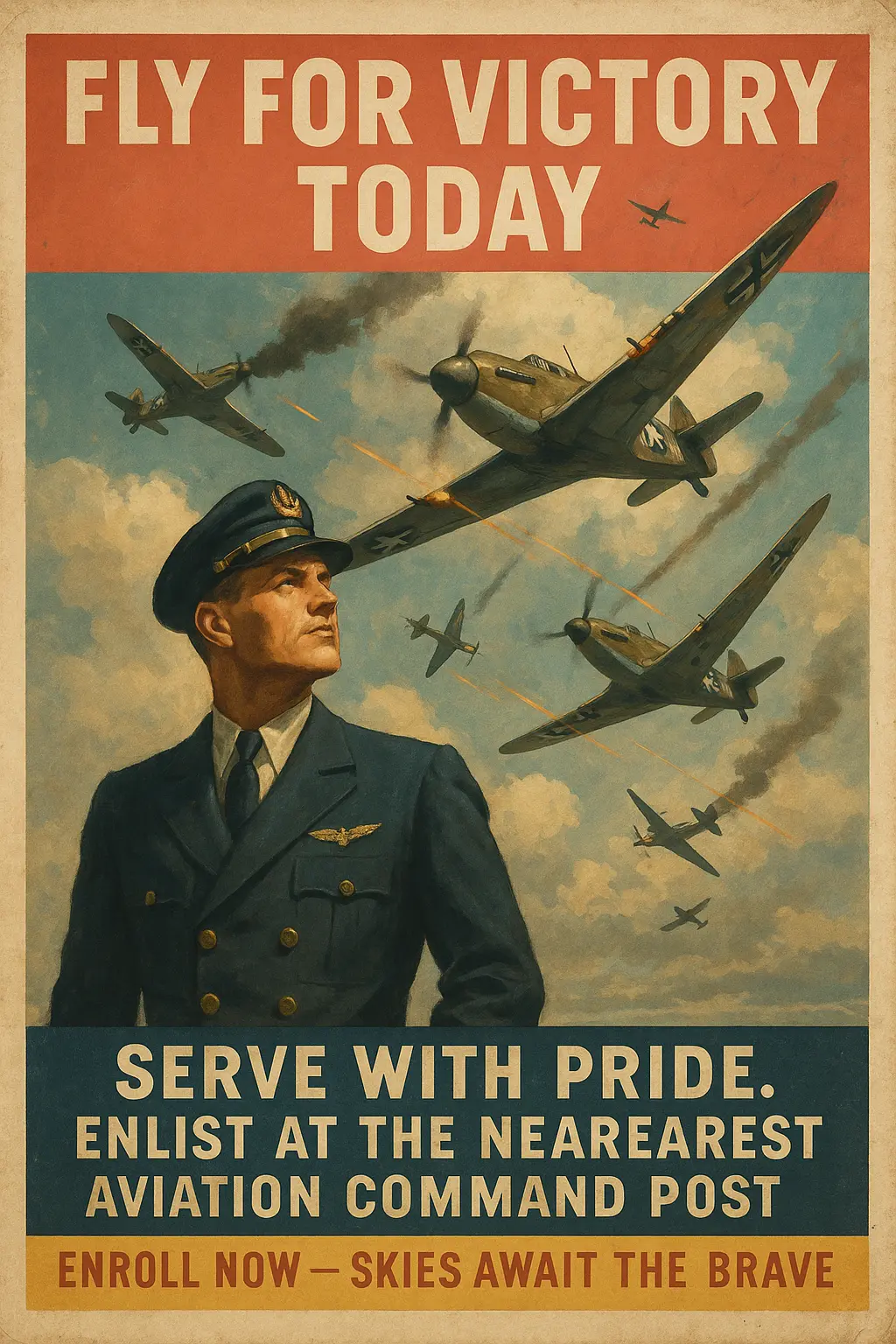 Vintage Poster template showing WWII pilot and dogfight scene