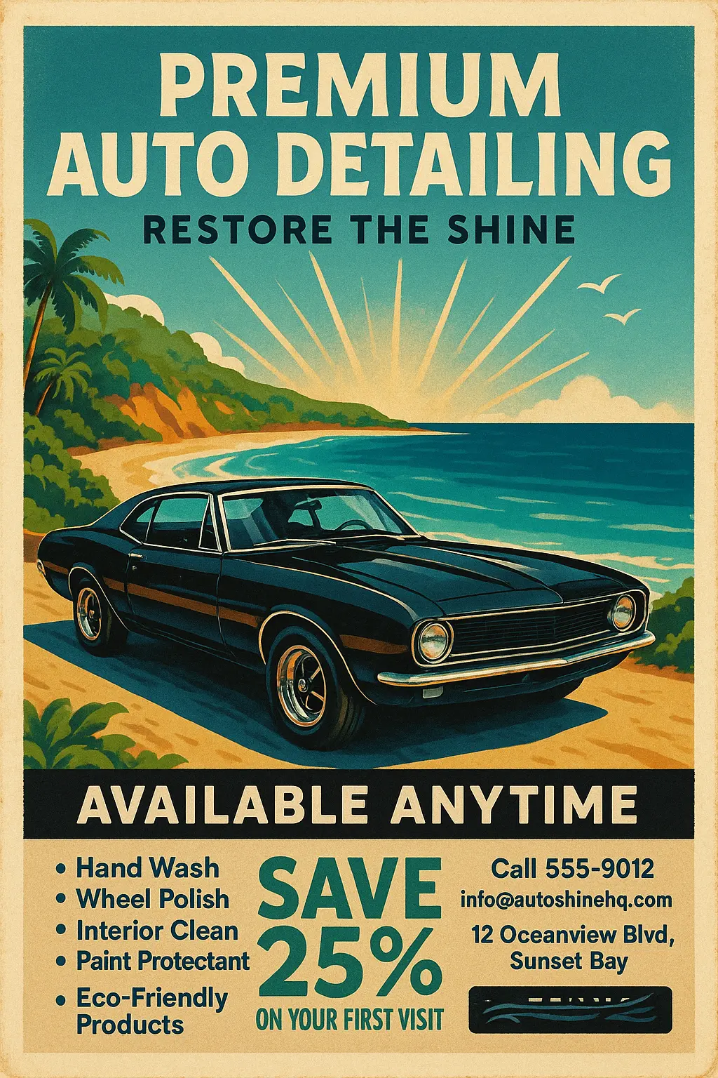 Vintage Poster template with retro car by tropical coast