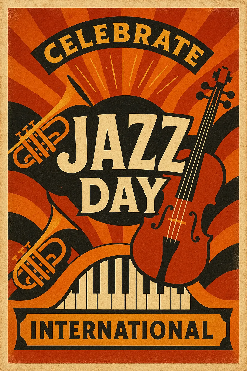 Vintage Poster template celebrating jazz with instruments and dynamic design.