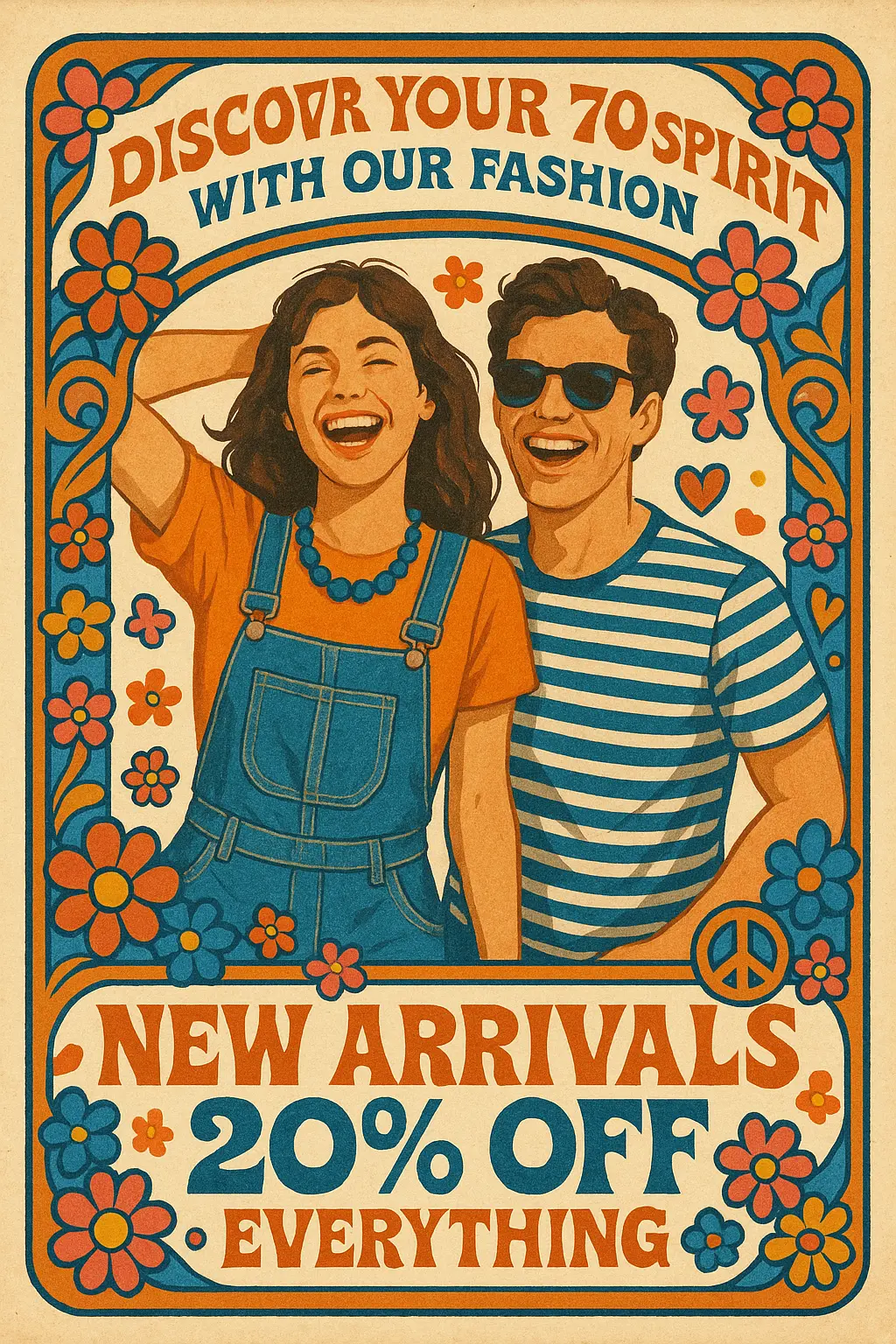 Vintage Poster template featuring playful 70s fashion couple with floral frame