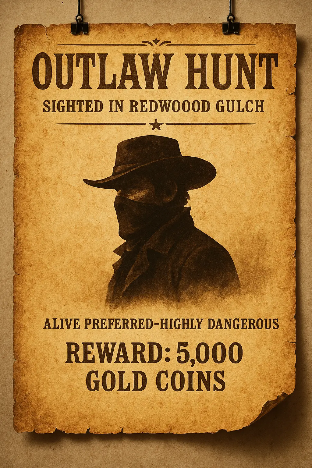 Vintage Wanted Poster template with cowboy silhouette and bold western text