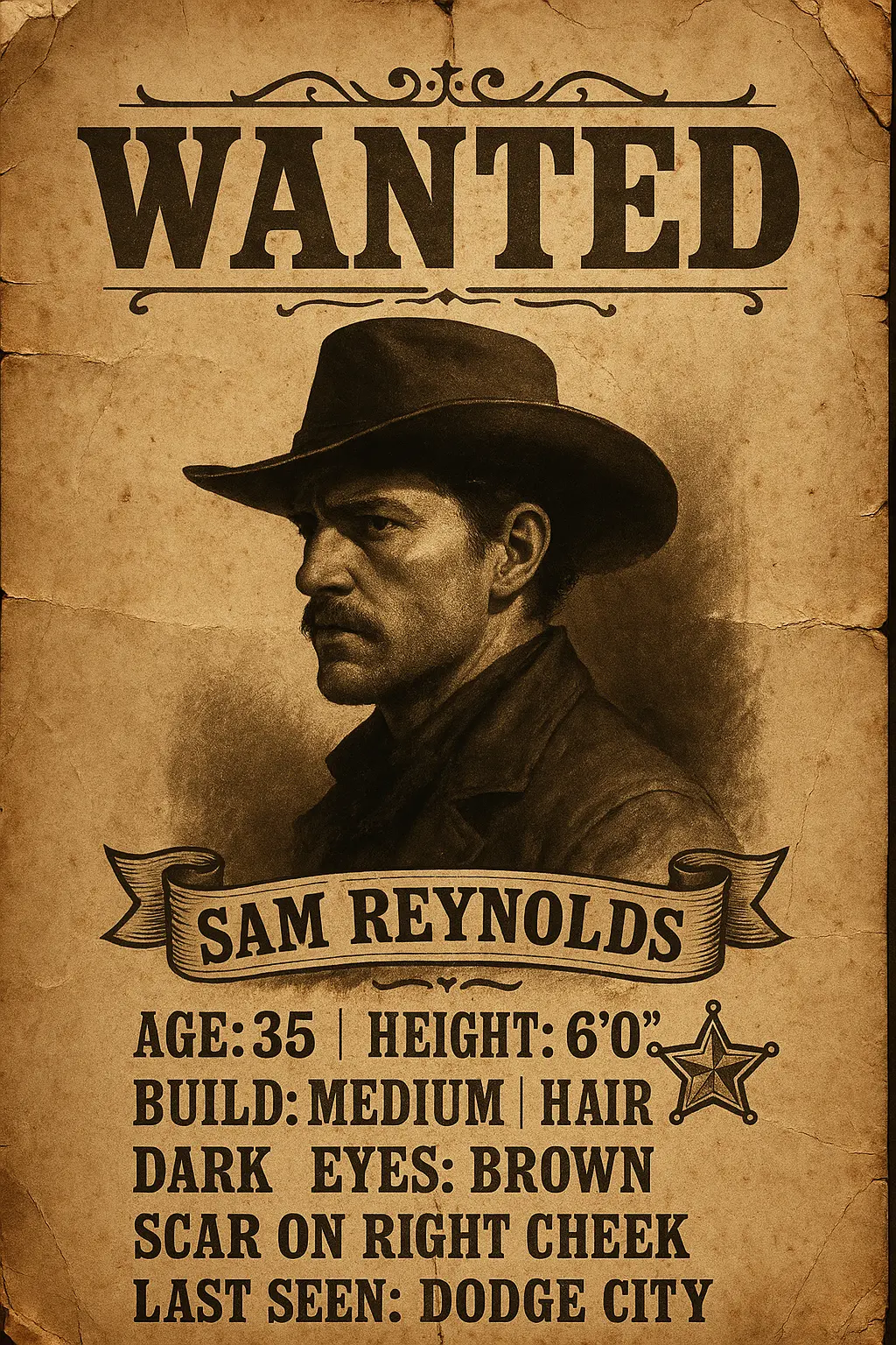 Wanted Poster template featuring a man with a serious expression in a vintage western style